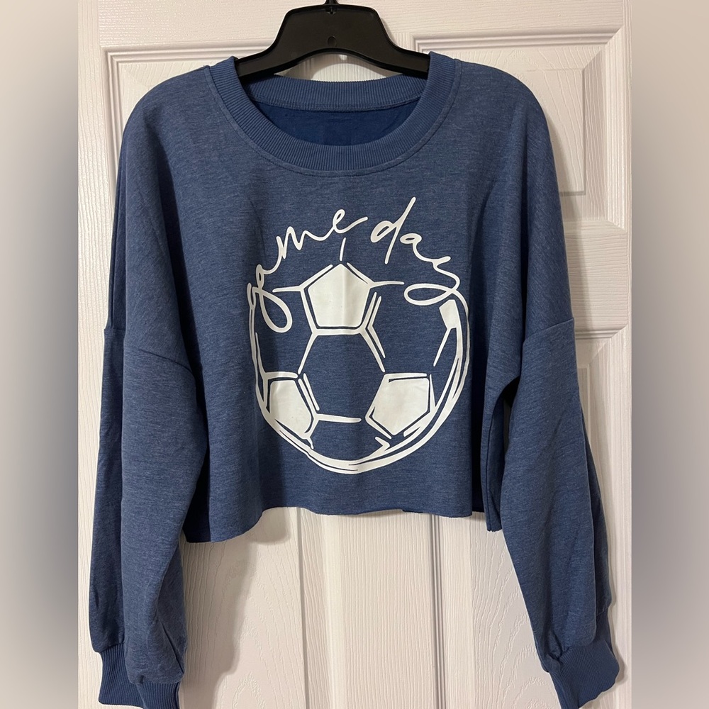 Blue Cropped Soccer “Game Day” Graphic Sweatshirt